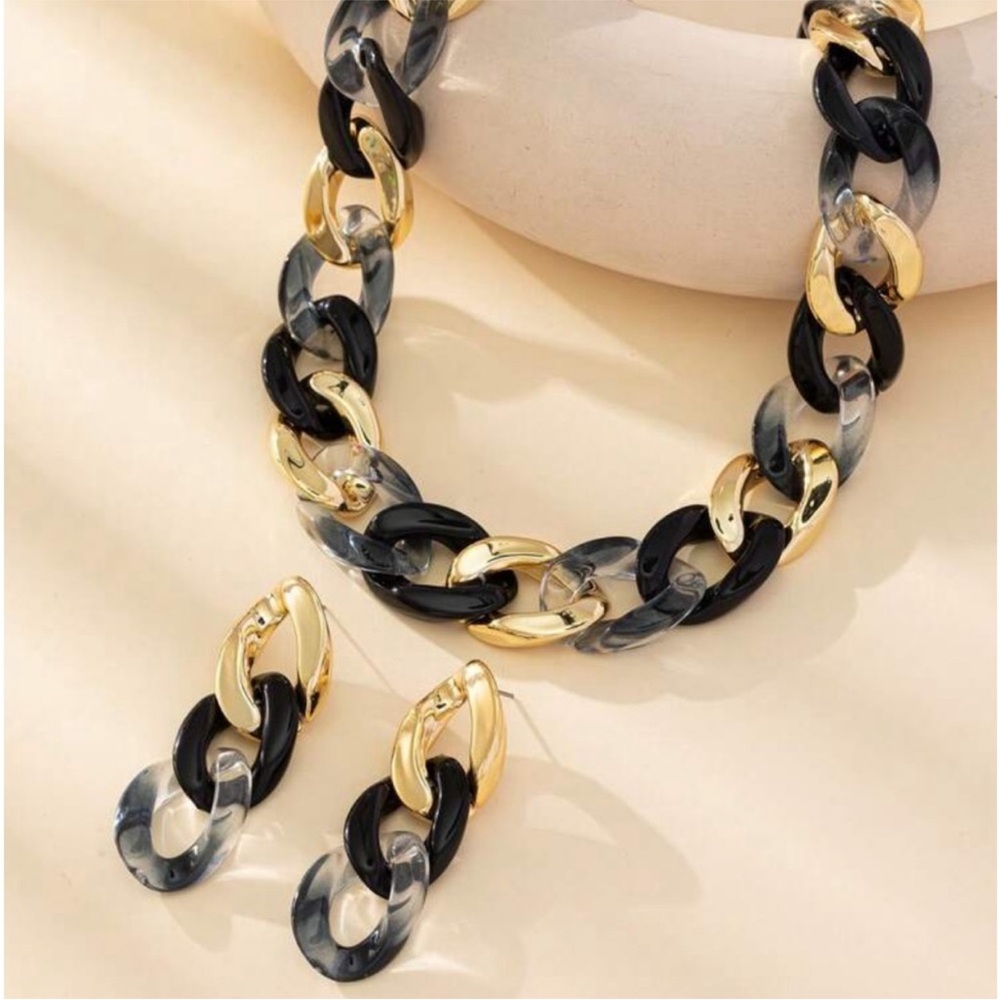 Chain Necklace & Earrings Set NEW Gold Black